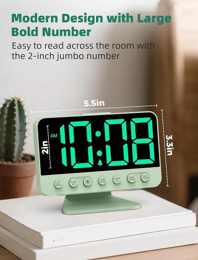 Alt view image 2 of 7 - Digital Alarm Clocks for Bedrooms: Large Bold Number 5 Brightness Dimmer - Easy to Read Across The Room - 5 Alarm Sound 8 Night Light - Sage Green