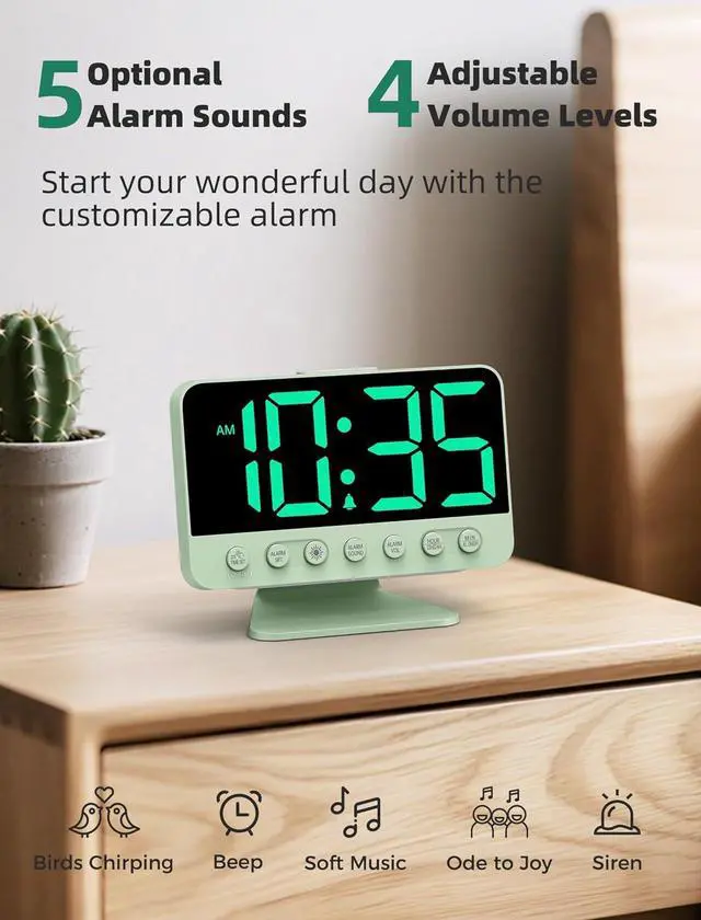 Alt view image 3 of 7 - Digital Alarm Clocks for Bedrooms: Large Bold Number 5 Brightness Dimmer - Easy to Read Across The Room - 5 Alarm Sound 8 Night Light - Sage Green