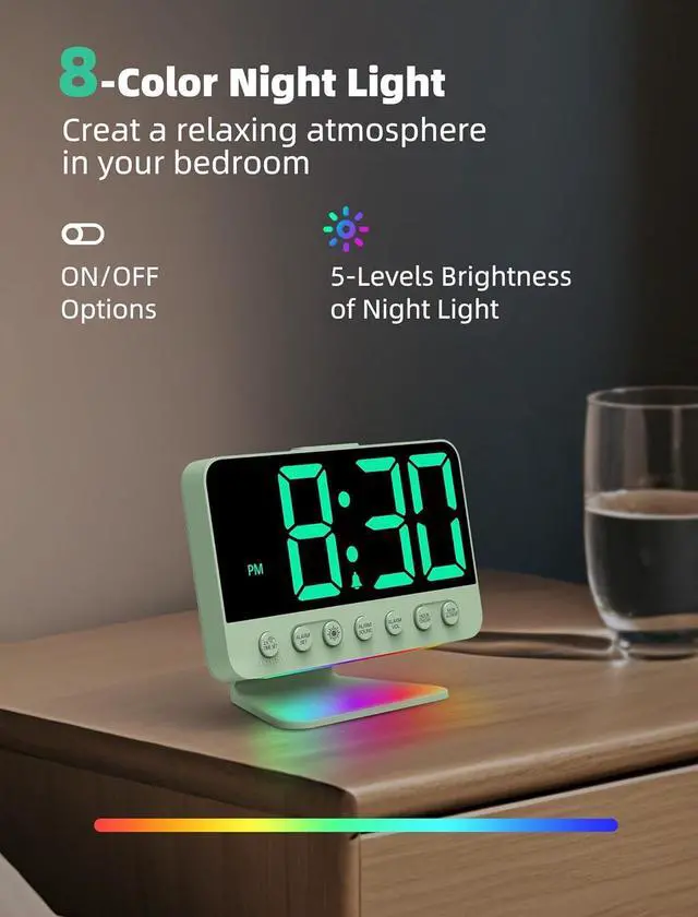 Alt view image 5 of 7 - Digital Alarm Clocks for Bedrooms: Large Bold Number 5 Brightness Dimmer - Easy to Read Across The Room - 5 Alarm Sound 8 Night Light - Sage Green