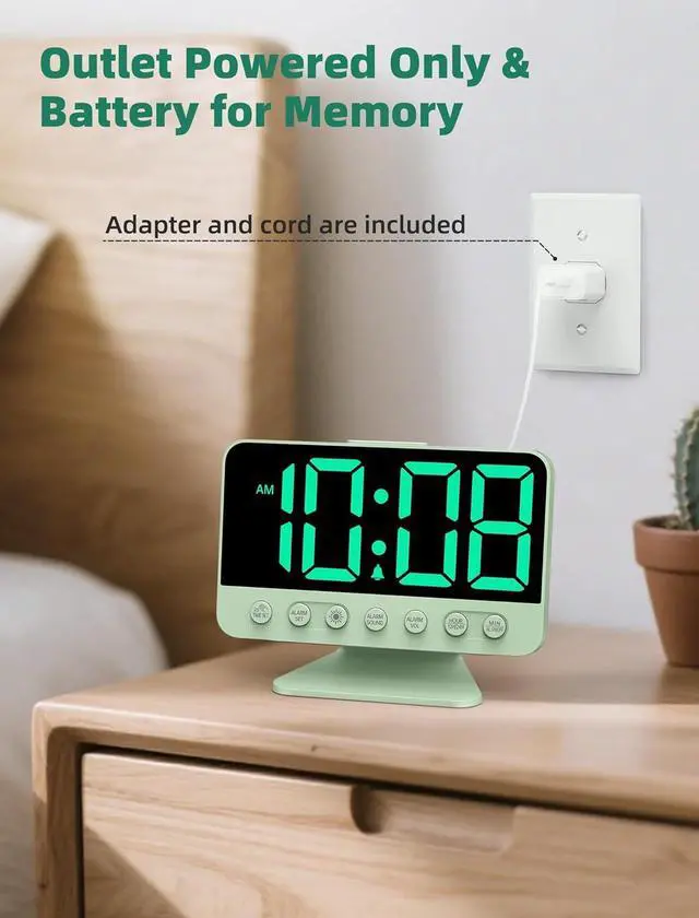 Alt view image 6 of 7 - Digital Alarm Clocks for Bedrooms: Large Bold Number 5 Brightness Dimmer - Easy to Read Across The Room - 5 Alarm Sound 8 Night Light - Sage Green