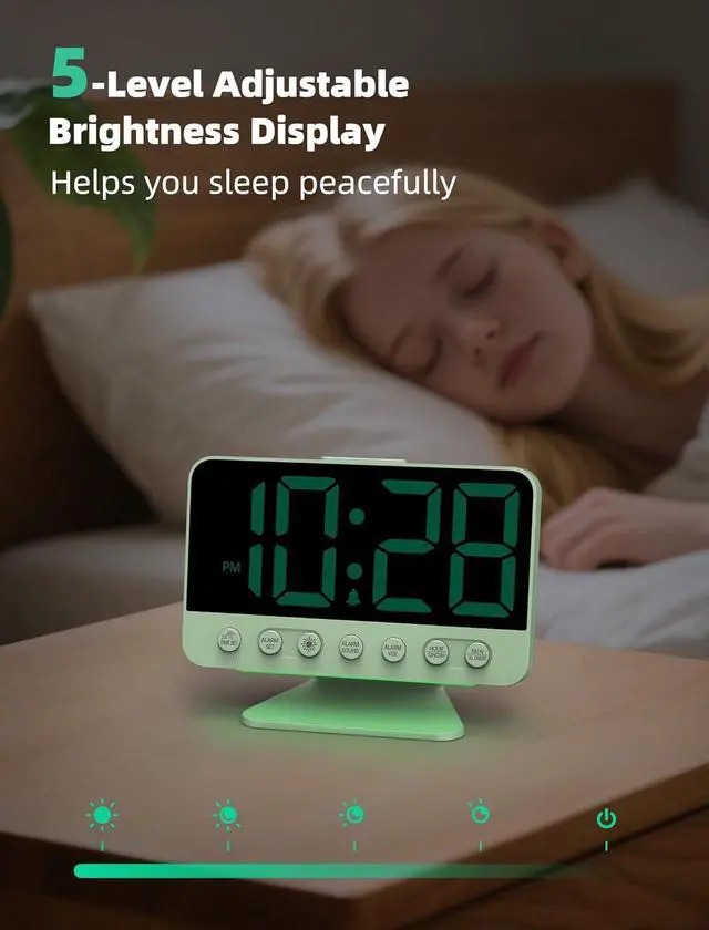 Alt view image 4 of 7 - Digital Alarm Clocks for Bedrooms: Large Bold Number 5 Brightness Dimmer - Easy to Read Across The Room - 5 Alarm Sound 8 Night Light - Sage Green