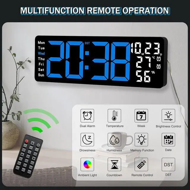 Alt view image 4 of 7 - JoFomp 17.3" Large Digital Wall Clock, LED Digital Clock Large Display with Remote Control, Alarm Clock with Temp/DST/Dimmer/Humidity/Timer/Ambient Light - 12/24H, Alarm Wall Clock for Bedroom