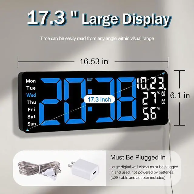 Alt view image 2 of 7 - JoFomp 17.3" Large Digital Wall Clock, LED Digital Clock Large Display with Remote Control, Alarm Clock with Temp/DST/Dimmer/Humidity/Timer/Ambient Light - 12/24H, Alarm Wall Clock for Bedroom