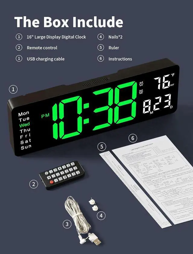 Alt view image 7 of 7 - MASHI Digital Wall Clock, 16" Large Display Digital Clock with Remote Control, Auto-Dimming Wall Clock with Night Light, DST, Date Week,Temp for Living Room, Bedroom, Decor, Gift for Elderly