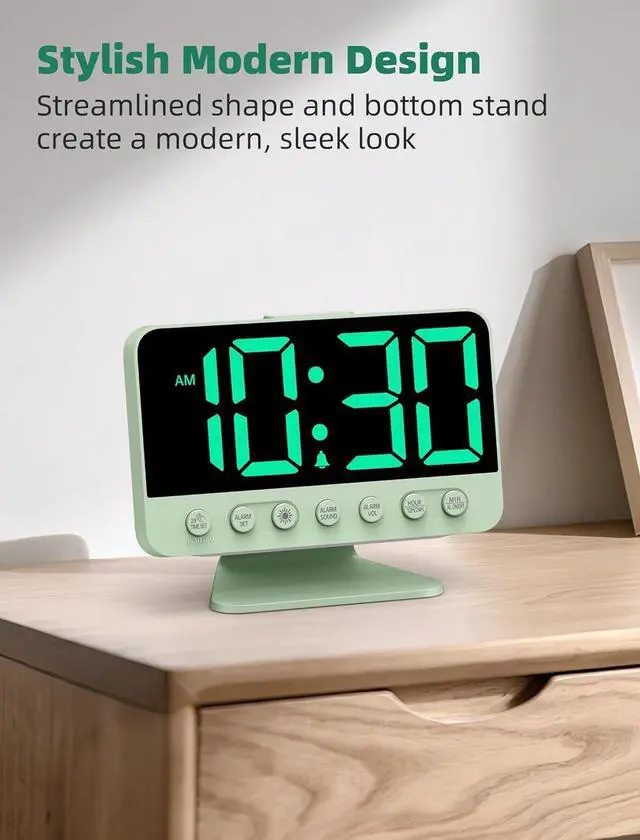 Alt view image 7 of 7 - Digital Alarm Clocks for Bedrooms: Large Bold Number 5 Brightness Dimmer - Easy to Read Across The Room - 5 Alarm Sound 8 Night Light - Sage Green