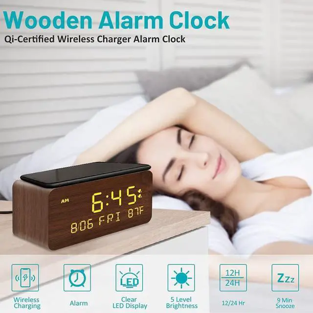 Alt view image 2 of 7 - Andoolex Wooden Digital Alarm Clock with Wireless Charging, 0-100% Adjustable Brightness Dimmer and Alarm Volume, Weekday/Weekend Mode, Dual Alarm, Snooze, 12/24H, Wood LED Clock for Bedroom (Brown)