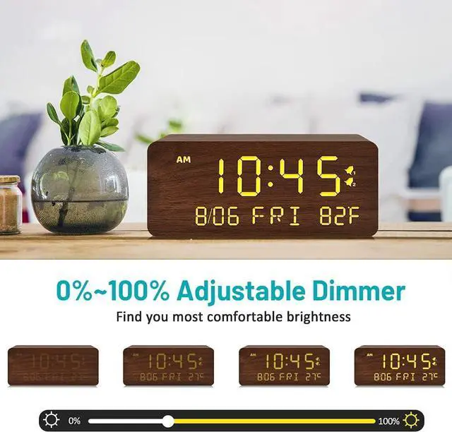Alt view image 5 of 7 - Andoolex Wooden Digital Alarm Clock with Wireless Charging, 0-100% Adjustable Brightness Dimmer and Alarm Volume, Weekday/Weekend Mode, Dual Alarm, Snooze, 12/24H, Wood LED Clock for Bedroom (Brown)