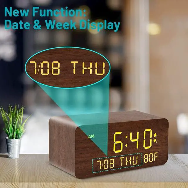 Alt view image 7 of 7 - Andoolex Wooden Digital Alarm Clock with Wireless Charging, 0-100% Adjustable Brightness Dimmer and Alarm Volume, Weekday/Weekend Mode, Dual Alarm, Snooze, 12/24H, Wood LED Clock for Bedroom (Brown)