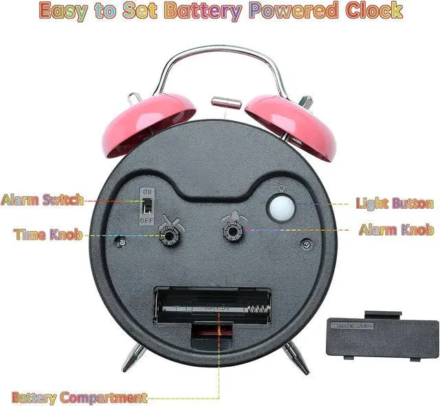 Alt view image 5 of 7 - Peakeep Loud Analog Alarm Clock for Kids Learning Telling Time Teaching, 4.5" Twin Bell Alarm Clock Battery Operated for Heavy Sleepers Adults Teenagers Kids