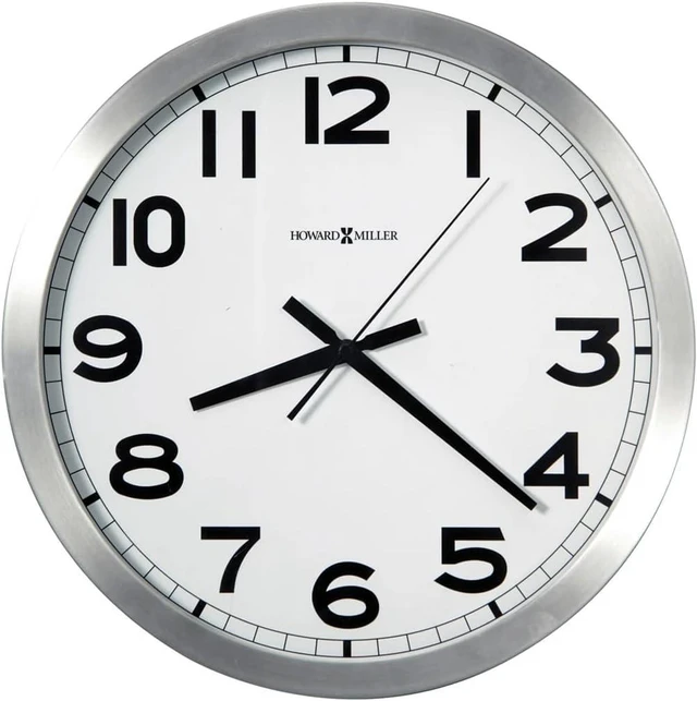 Main image of Howard Miller Spokane Modern Wall Clock Large Brushed Aluminum Frame, White Dial, Silent Quartz, Battery Operated, Easy to Read Black Numerals, Perfect Sleek Decor for Kitchen or Office