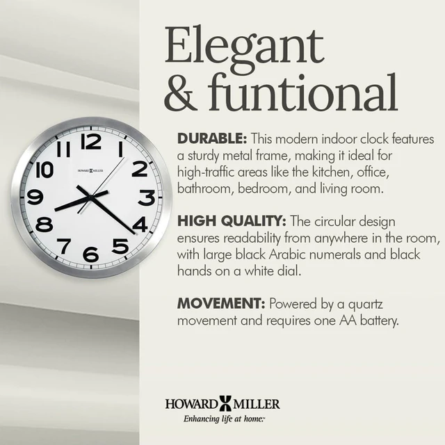 Alt view image 4 of 7 - Howard Miller Spokane Modern Wall Clock Large Brushed Aluminum Frame, White Dial, Silent Quartz, Battery Operated, Easy to Read Black Numerals, Perfect Sleek Decor for Kitchen or Office