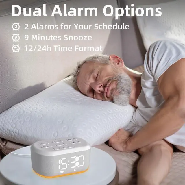 Alt view image 3 of 7 - Brown Noise Machine Small Digital Alarm Clock Sound Machine for Bedrooms White Noise Machine Night Light Plug in Desk Clock with 30 Wake up Sounds Clock for Kids Heavy Sleepers Snooze 32 Levels Volume