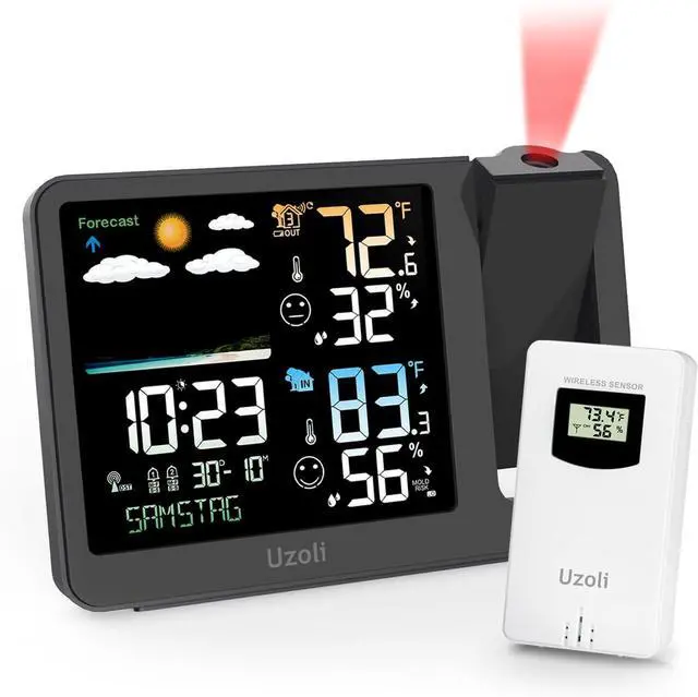 Main image of uzoli Projection Alarm Clock Weather Station, WWVB Atomic Projector Clock with Sensor, Adjustable Backlight, Indoor Outdoor Temperature Humidity, Digital Projection Clock for Bedroom Ceiling