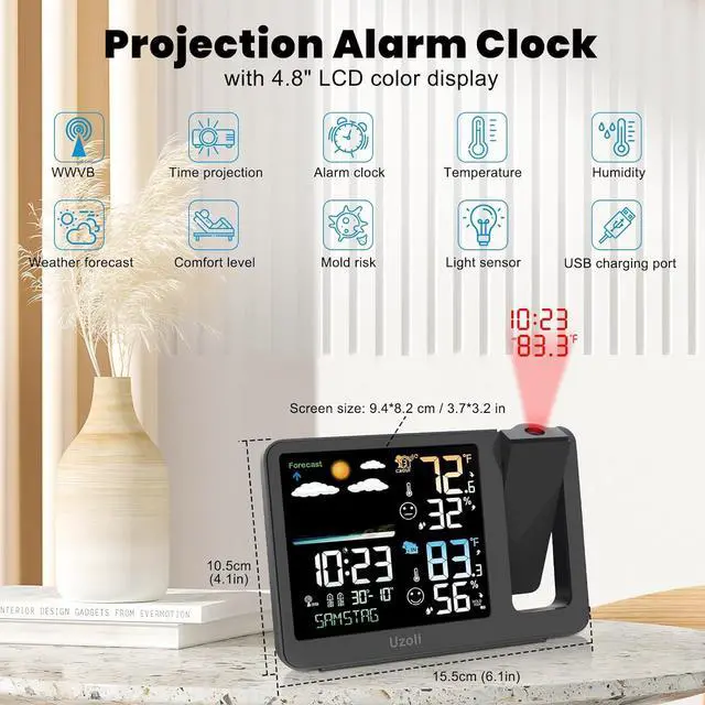 Alt view image 2 of 7 - uzoli Projection Alarm Clock Weather Station, WWVB Atomic Projector Clock with Sensor, Adjustable Backlight, Indoor Outdoor Temperature Humidity, Digital Projection Clock for Bedroom Ceiling