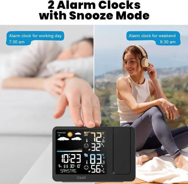 Alt view image 4 of 7 - uzoli Projection Alarm Clock Weather Station, WWVB Atomic Projector Clock with Sensor, Adjustable Backlight, Indoor Outdoor Temperature Humidity, Digital Projection Clock for Bedroom Ceiling