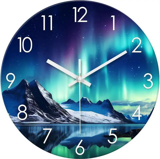 Main image of XNM Teal Glass Wall Clocks Battery Operated 12 Inch Aurora Modern Wall Clocks for Living Room Decor Glacier Lake Wall Clock Silent Non Ticking