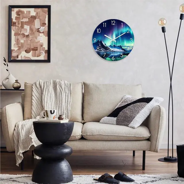 Alt view image 2 of 7 - XNM Teal Glass Wall Clocks Battery Operated 12 Inch Aurora Modern Wall Clocks for Living Room Decor Glacier Lake Wall Clock Silent Non Ticking