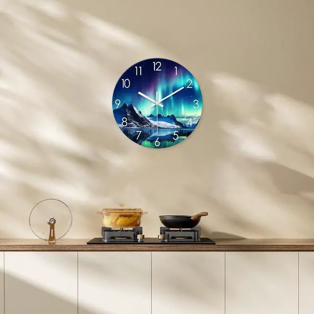 Alt view image 3 of 7 - XNM Teal Glass Wall Clocks Battery Operated 12 Inch Aurora Modern Wall Clocks for Living Room Decor Glacier Lake Wall Clock Silent Non Ticking