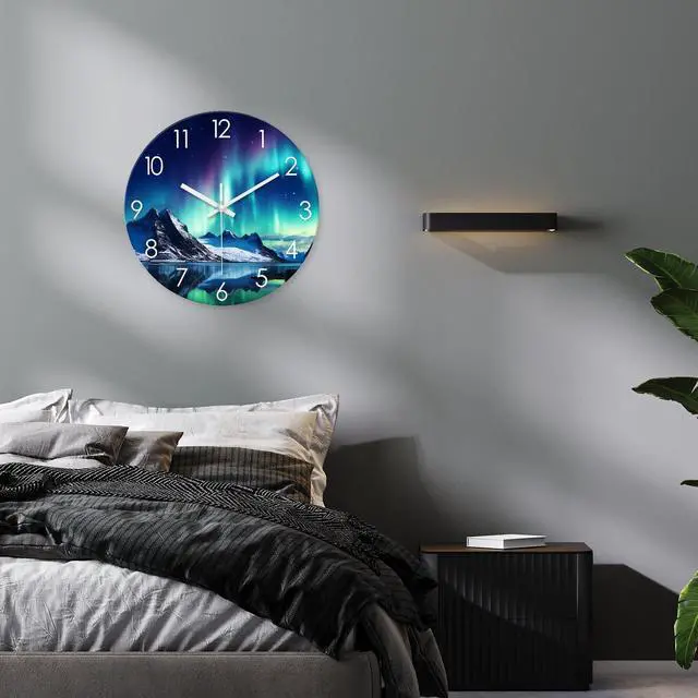Alt view image 4 of 7 - XNM Teal Glass Wall Clocks Battery Operated 12 Inch Aurora Modern Wall Clocks for Living Room Decor Glacier Lake Wall Clock Silent Non Ticking