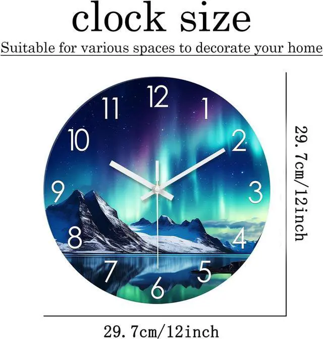 Alt view image 6 of 7 - XNM Teal Glass Wall Clocks Battery Operated 12 Inch Aurora Modern Wall Clocks for Living Room Decor Glacier Lake Wall Clock Silent Non Ticking