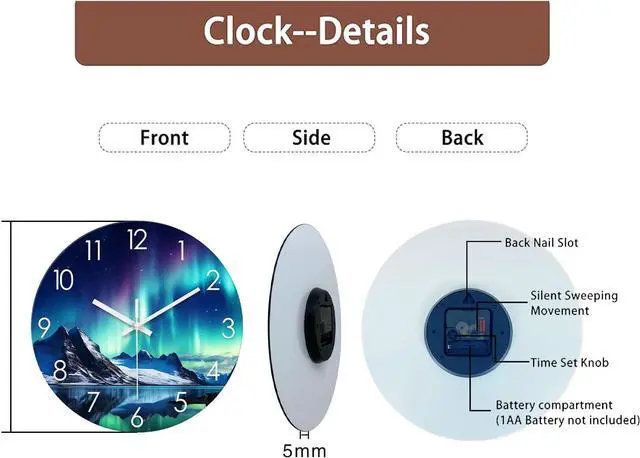 Alt view image 7 of 7 - XNM Teal Glass Wall Clocks Battery Operated 12 Inch Aurora Modern Wall Clocks for Living Room Decor Glacier Lake Wall Clock Silent Non Ticking