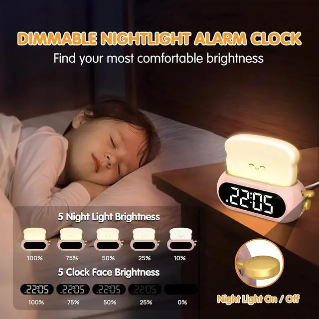 Alt view image 2 of 7 - Cute Digital Clock for Bedrooms, Kids Alarm Clocks with Night Light Lamp, 10 Alarm Tones, Adjustable Brightness, Nap Timer, Snooze, Power-off Memory, Bedside Clocks for Girls Kids Teens Birthday Gifts