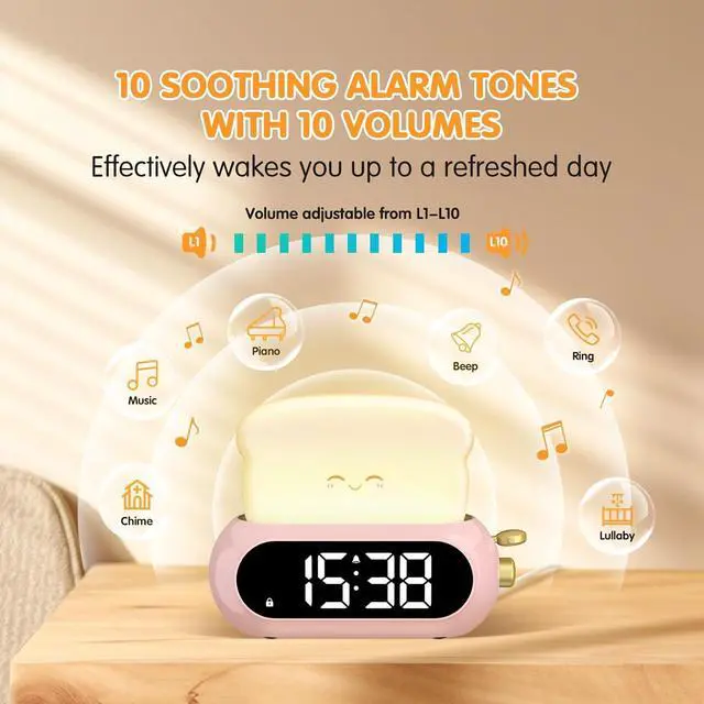 Alt view image 3 of 7 - Cute Digital Clock for Bedrooms, Kids Alarm Clocks with Night Light Lamp, 10 Alarm Tones, Adjustable Brightness, Nap Timer, Snooze, Power-off Memory, Bedside Clocks for Girls Kids Teens Birthday Gifts