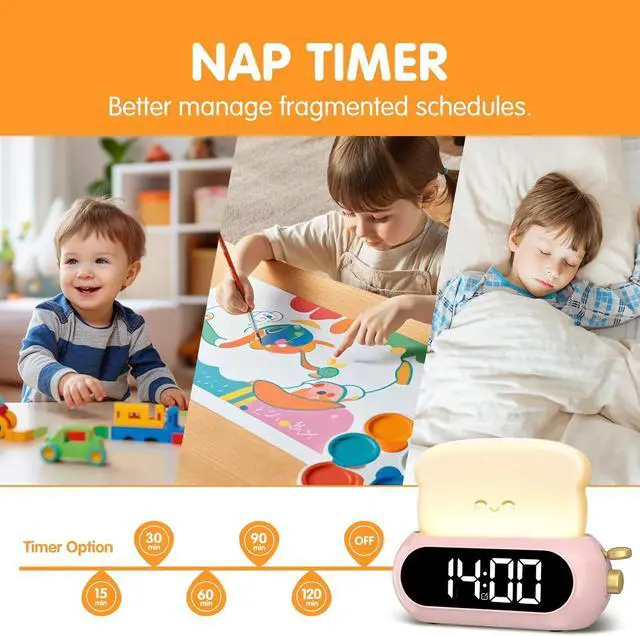 Alt view image 5 of 7 - Cute Digital Clock for Bedrooms, Kids Alarm Clocks with Night Light Lamp, 10 Alarm Tones, Adjustable Brightness, Nap Timer, Snooze, Power-off Memory, Bedside Clocks for Girls Kids Teens Birthday Gifts