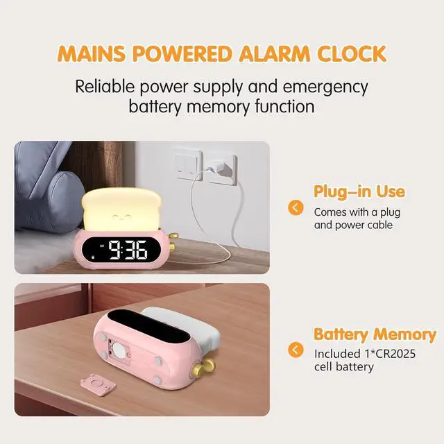 Alt view image 6 of 7 - Cute Digital Clock for Bedrooms, Kids Alarm Clocks with Night Light Lamp, 10 Alarm Tones, Adjustable Brightness, Nap Timer, Snooze, Power-off Memory, Bedside Clocks for Girls Kids Teens Birthday Gifts