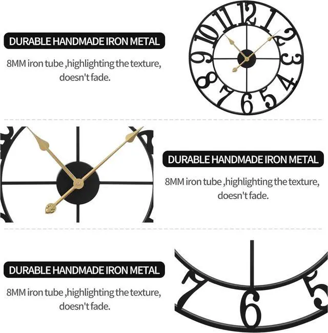 Alt view image 4 of 7 - LEIKE Large Wall Clocks,Silent,Non Ticking,Battery Operated Small Vintage Round Modern Metal Wall Clock for Living Room, Bedroom,Kitchen,Farmhouse,Office Decor-13.5 Inch(Black-Arabic Number)