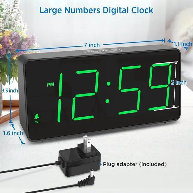 Alt view image 2 of 7 - Peakeep Digital Clock, Alarm Clock for Bedrooms with USB Charger Port - Large Big Numbers 5 Brightness for Seniors, Battery Backup, Loud Alarm 5 Volums (Black with Green Digits)