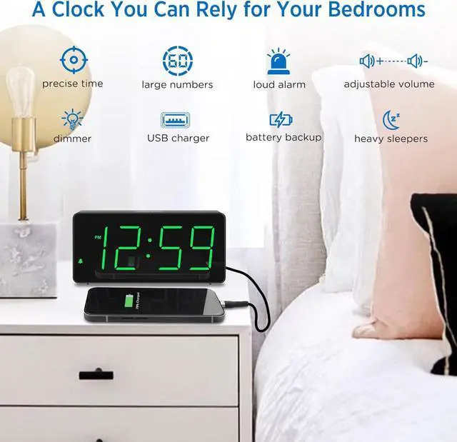 Alt view image 3 of 7 - Peakeep Digital Clock, Alarm Clock for Bedrooms with USB Charger Port - Large Big Numbers 5 Brightness for Seniors, Battery Backup, Loud Alarm 5 Volums (Black with Green Digits)
