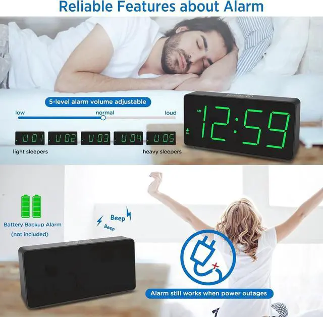Alt view image 4 of 7 - Peakeep Digital Clock, Alarm Clock for Bedrooms with USB Charger Port - Large Big Numbers 5 Brightness for Seniors, Battery Backup, Loud Alarm 5 Volums (Black with Green Digits)