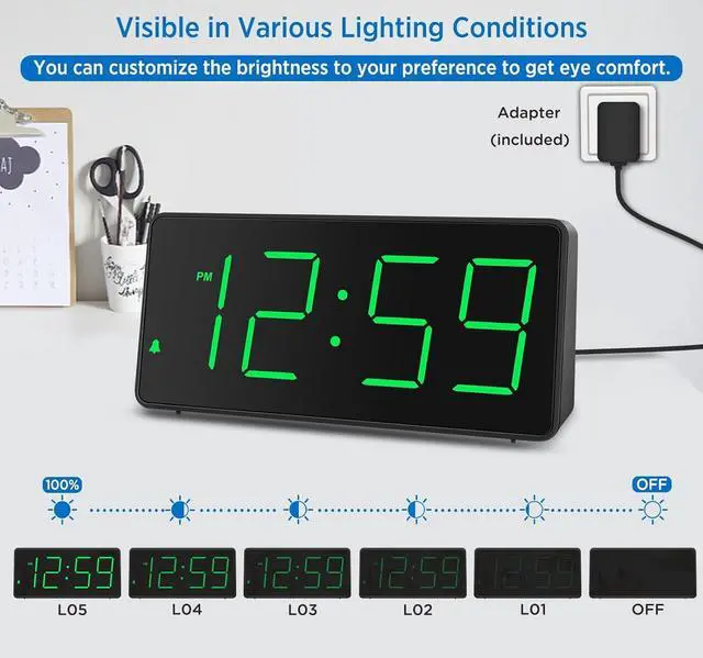 Alt view image 5 of 7 - Peakeep Digital Clock, Alarm Clock for Bedrooms with USB Charger Port - Large Big Numbers 5 Brightness for Seniors, Battery Backup, Loud Alarm 5 Volums (Black with Green Digits)