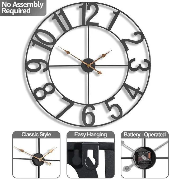 Alt view image 4 of 7 - Sorbus 32-Inch Large Wall Clock  Decorative Black Metal Clock with Gold Hands  Silent, Battery Operated, Modern Wall Decor for Living Room, Kitchen, or Office  Great Gift for Housewarming or Office
