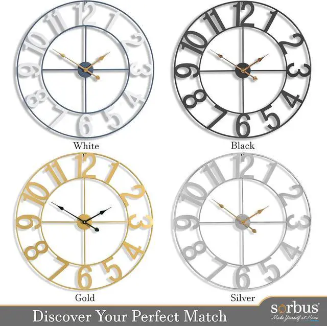 Alt view image 7 of 7 - Sorbus 32-Inch Large Wall Clock  Decorative Black Metal Clock with Gold Hands  Silent, Battery Operated, Modern Wall Decor for Living Room, Kitchen, or Office  Great Gift for Housewarming or Office