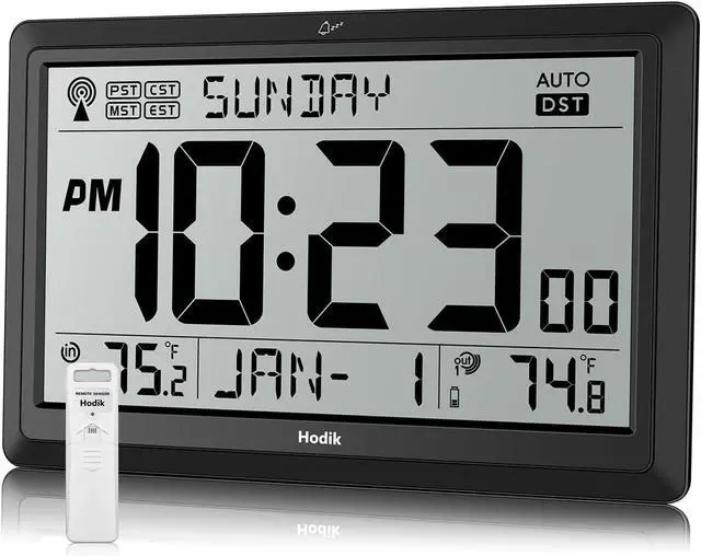 Main image of Wall Clock Atomic with Indoor Outdoor Temperature Battery Powered, Easy Reading with 10.5 Inch Large LCD Display, 330FT Range Table Wall Clock with DST, 12/24 Hour for Living Room Kitchen (Black)