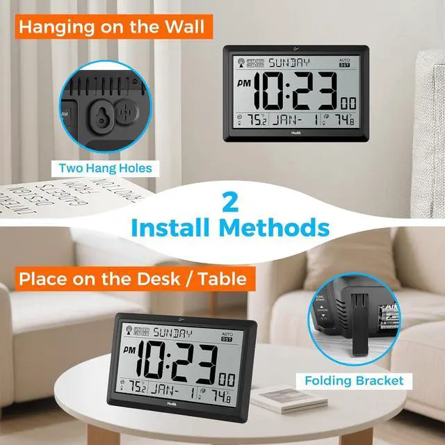 Alt view image 2 of 7 - Wall Clock Atomic with Indoor Outdoor Temperature Battery Powered, Easy Reading with 10.5 Inch Large LCD Display, 330FT Range Table Wall Clock with DST, 12/24 Hour for Living Room Kitchen (Black)