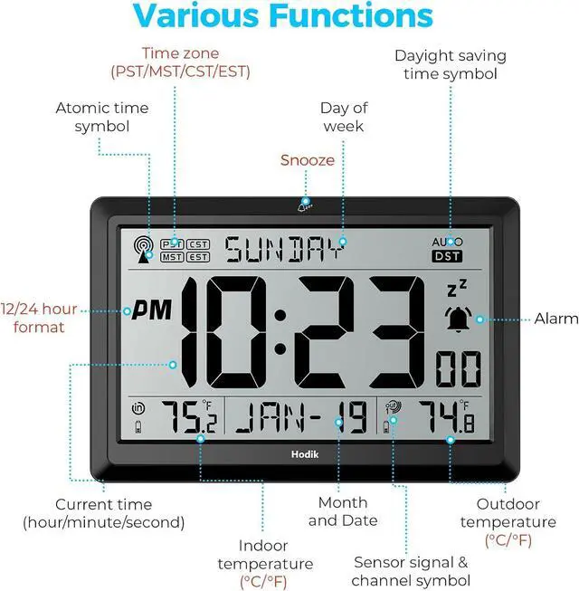 Alt view image 3 of 7 - Wall Clock Atomic with Indoor Outdoor Temperature Battery Powered, Easy Reading with 10.5 Inch Large LCD Display, 330FT Range Table Wall Clock with DST, 12/24 Hour for Living Room Kitchen (Black)
