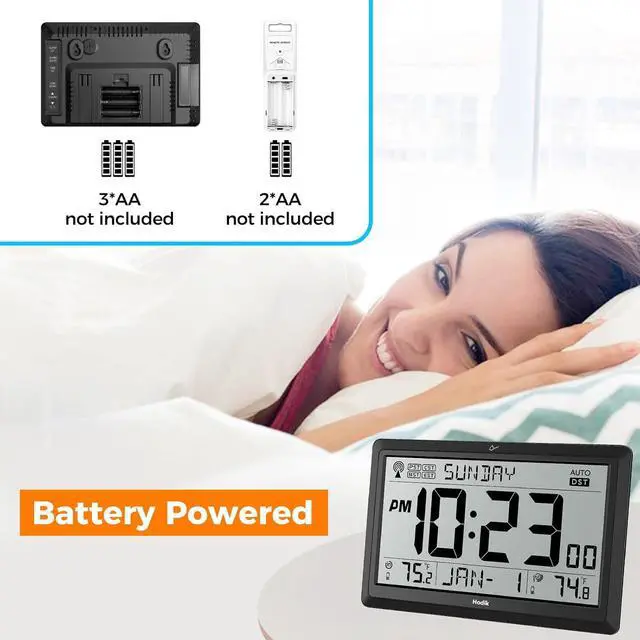 Alt view image 4 of 7 - Wall Clock Atomic with Indoor Outdoor Temperature Battery Powered, Easy Reading with 10.5 Inch Large LCD Display, 330FT Range Table Wall Clock with DST, 12/24 Hour for Living Room Kitchen (Black)