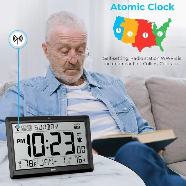 Alt view image 5 of 7 - Wall Clock Atomic with Indoor Outdoor Temperature Battery Powered, Easy Reading with 10.5 Inch Large LCD Display, 330FT Range Table Wall Clock with DST, 12/24 Hour for Living Room Kitchen (Black)