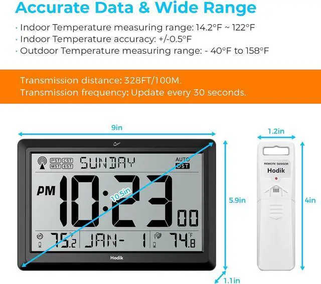 Alt view image 6 of 7 - Wall Clock Atomic with Indoor Outdoor Temperature Battery Powered, Easy Reading with 10.5 Inch Large LCD Display, 330FT Range Table Wall Clock with DST, 12/24 Hour for Living Room Kitchen (Black)