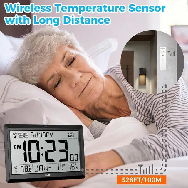 Alt view image 7 of 7 - Wall Clock Atomic with Indoor Outdoor Temperature Battery Powered, Easy Reading with 10.5 Inch Large LCD Display, 330FT Range Table Wall Clock with DST, 12/24 Hour for Living Room Kitchen (Black)