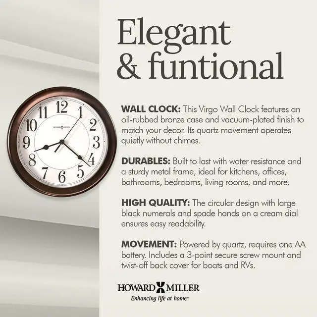 Alt view image 3 of 6 - Howard Miller Virgo Wall Clock - Round Analog Clock, Battery Operated with Quartz Movement, Sturdy Metal Frame, Modern Display, Easy-to-Read Numerals - Ideal for Kitchen, Bedroom, & Living Room Decor