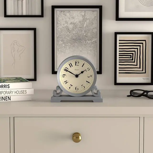 Alt view image 3 of 7 - JONES CLOCKS® Saloon Mantel Clock | Traditional Double Scroll Design | French Navy | Contemporary Classic Style for Desk, Table, Shelf or Bedside