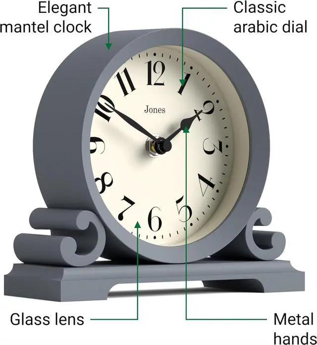 Alt view image 6 of 7 - JONES CLOCKS® Saloon Mantel Clock | Traditional Double Scroll Design | French Navy | Contemporary Classic Style for Desk, Table, Shelf or Bedside