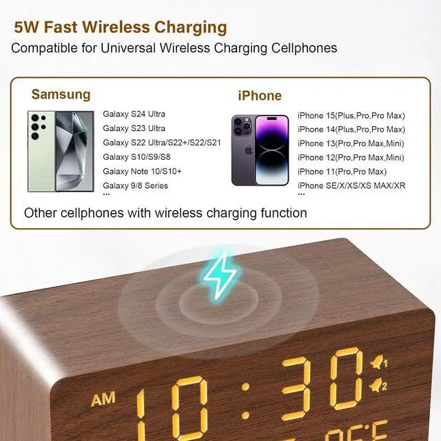 Alt view image 4 of 7 - Andoolex Wooden Digital Alarm Clock with Wireless Charging, 0-100% Adjustable Brightness Dimmer and Alarm Volume, Weekday/Weekend Mode, Dual Alarm, Snooze, 12/24H, Wood LED Clock for Bedroom (Brown)
