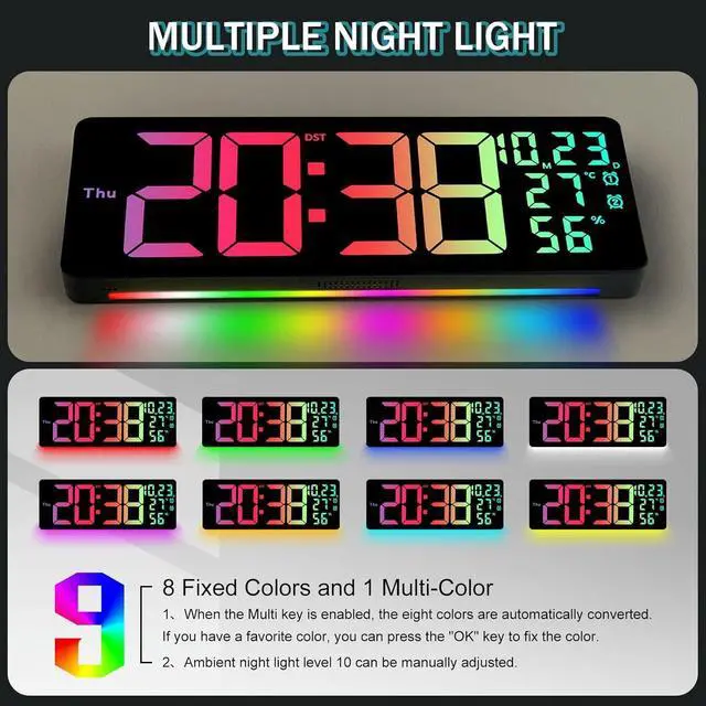Alt view image 3 of 7 - JoFomp 17.3" Large Digital Wall Clock, LED Digital Clock Large Display with Remote Control, Alarm Clock with Temp/DST/Dimmer/Humidity/Timer/Ambient Light - 12/24H, Alarm Wall Clock for Bedroom