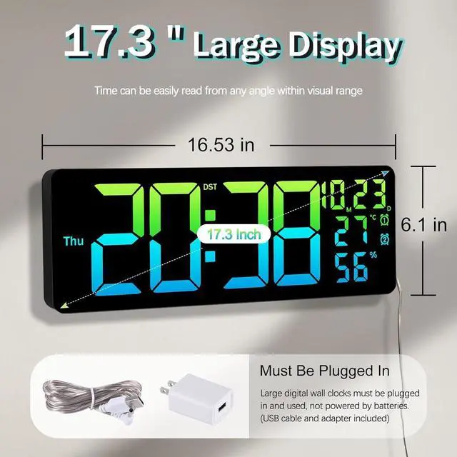 Alt view image 2 of 7 - JoFomp 17.3" Large Digital Wall Clock, LED Digital Clock Large Display with Remote Control, Alarm Clock with Temp/DST/Dimmer/Humidity/Timer/Ambient Light - 12/24H, Alarm Wall Clock for Bedroom