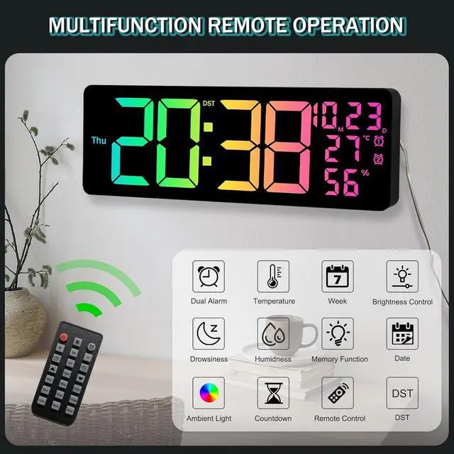 Alt view image 4 of 7 - JoFomp 17.3" Large Digital Wall Clock, LED Digital Clock Large Display with Remote Control, Alarm Clock with Temp/DST/Dimmer/Humidity/Timer/Ambient Light - 12/24H, Alarm Wall Clock for Bedroom